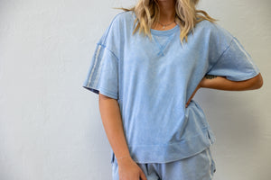 Blue Short Set With Lace & Pockets