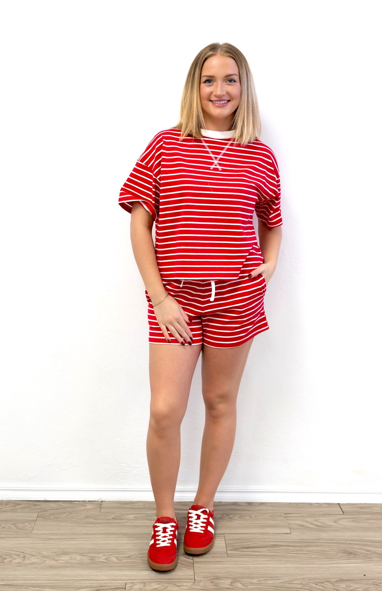 Striped Round Neck Tee Short Set Red Stripe