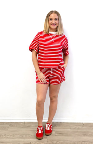 Striped Round Neck Tee Short Set Red Stripe