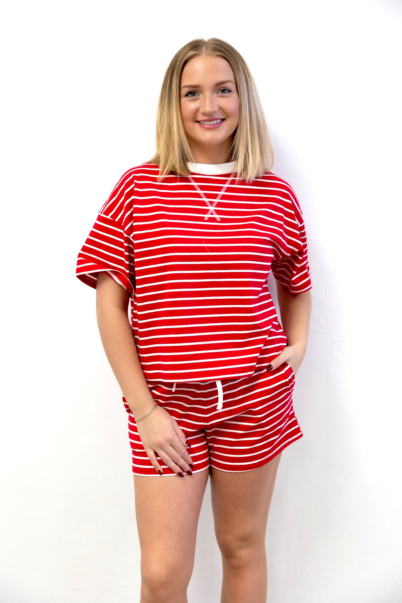 Striped Round Neck Tee Short Set Red Stripe