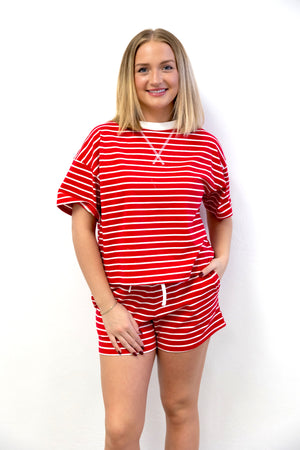 Striped Round Neck Tee Short Set Red Stripe