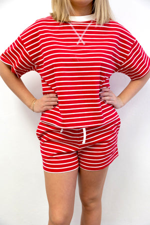 Striped Round Neck Tee Short Set Red Stripe