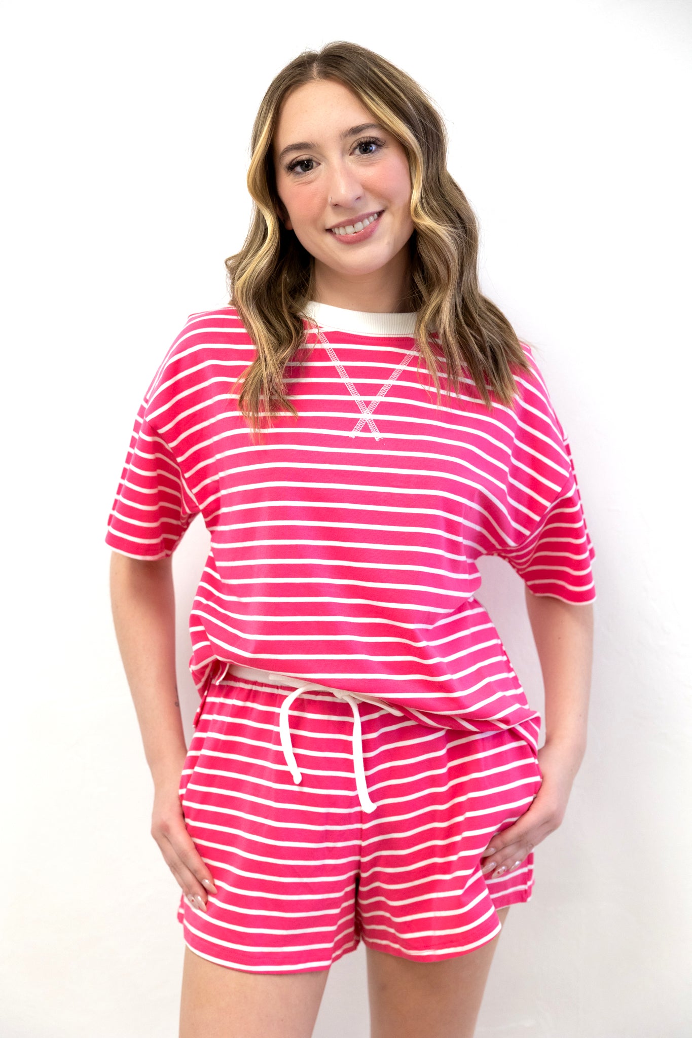 Striped Round Neck Tee Short Set Fuchsia