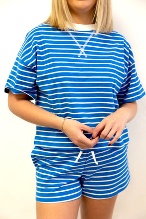 Striped Round Neck Tee Short Set Ocean Blue