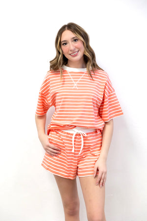 Striped Round Neck Tee Short Set Coral