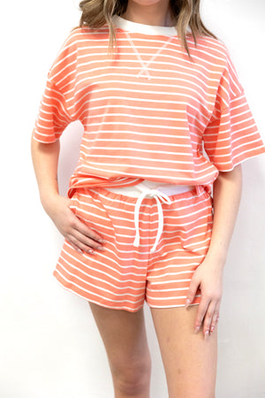 Striped Round Neck Tee Short Set Coral