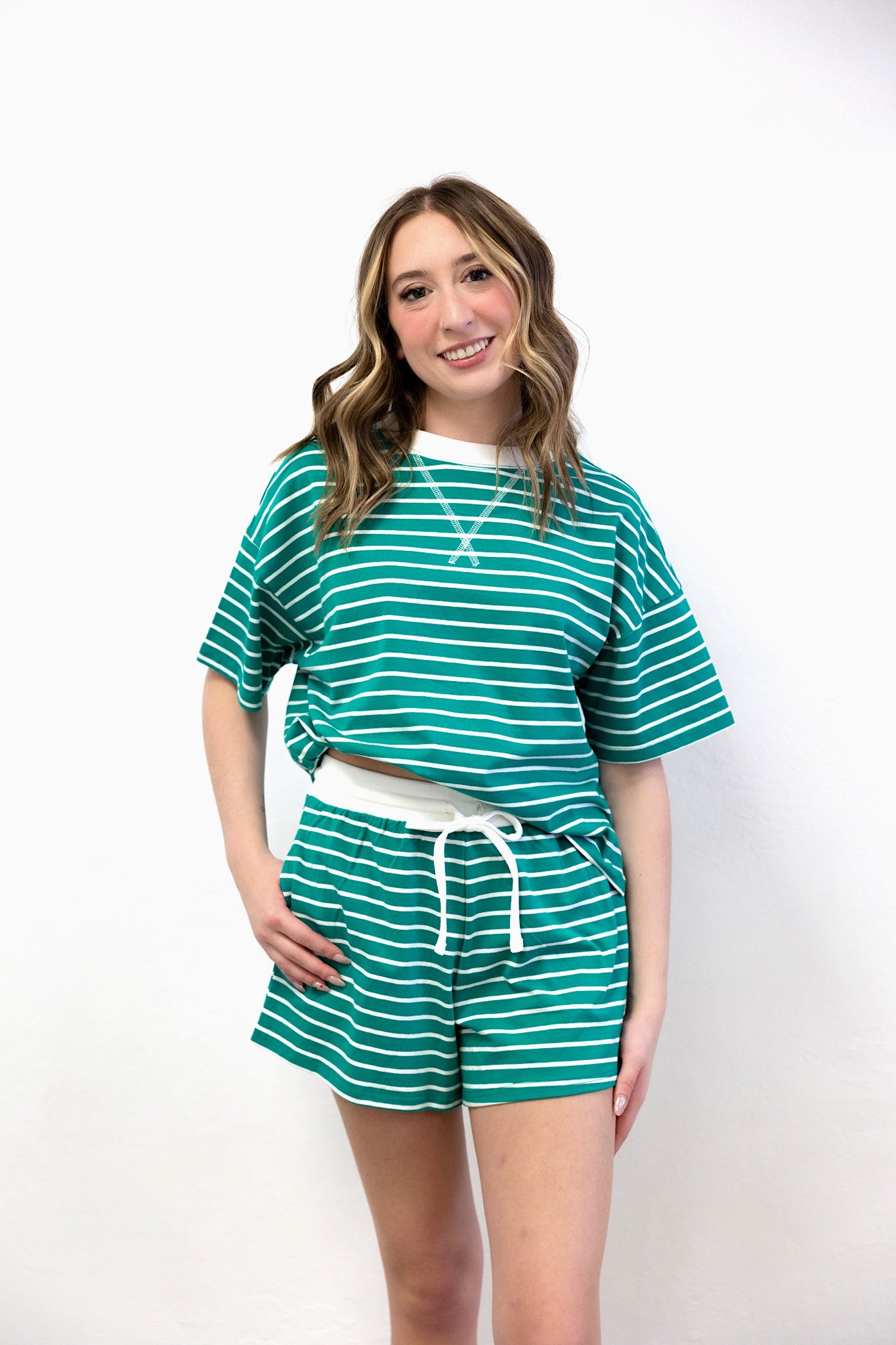 Striped Round Neck Tee Short Set Kelly Green