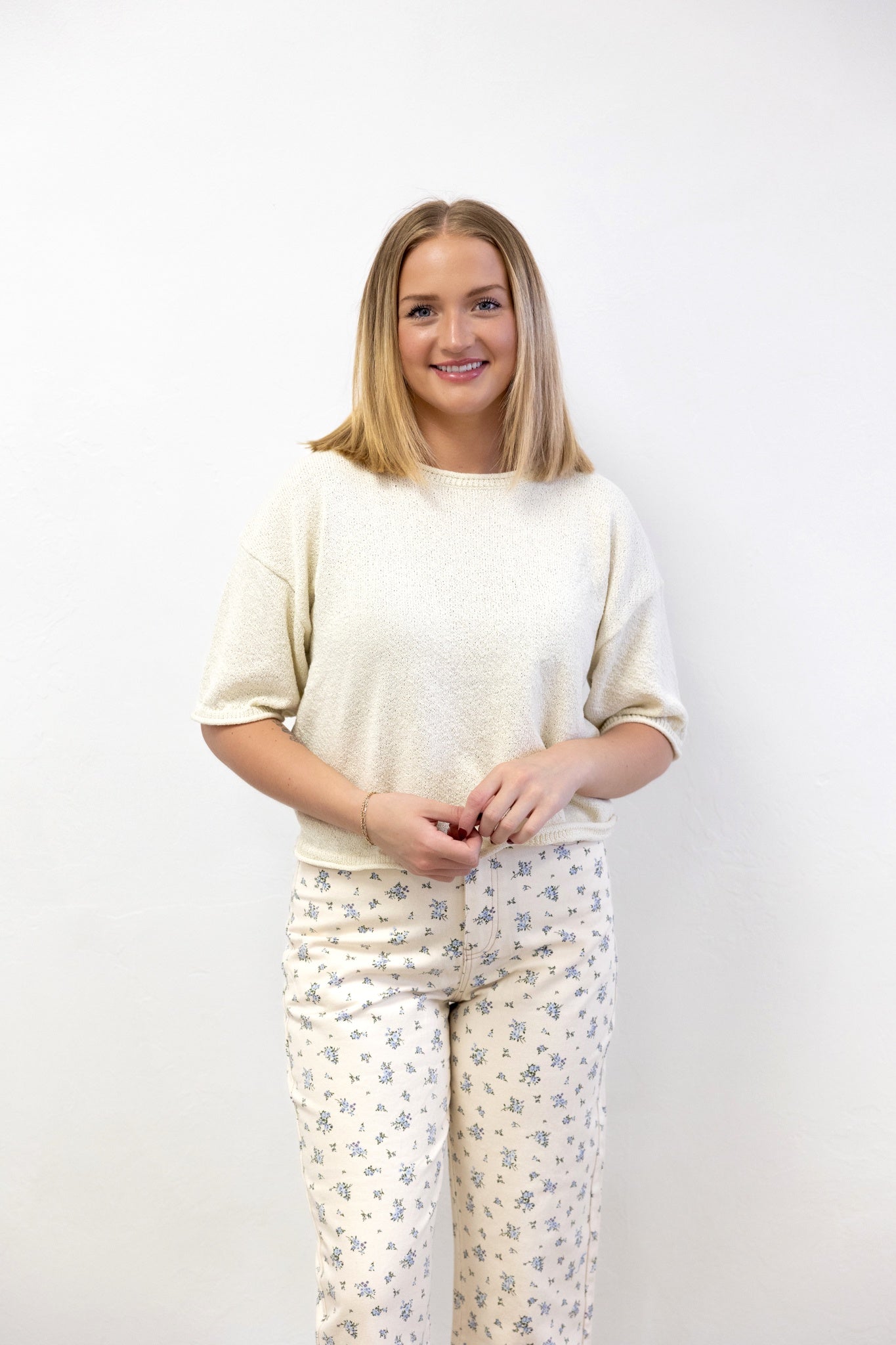 Cream Raw Edge Boxy Short Sleeve Knit Sweater