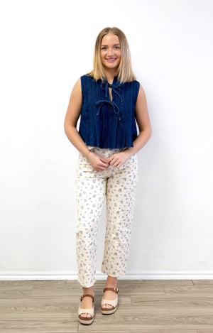 Ecru Multi Floral Denim Pattern Jeans