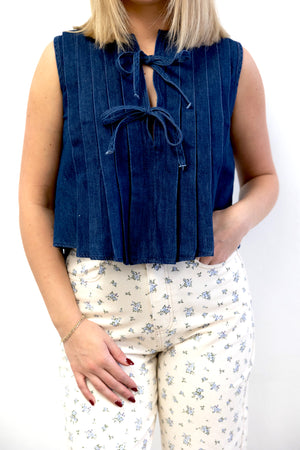 Denim Front Tie Pintuck Sleeveless Blouse