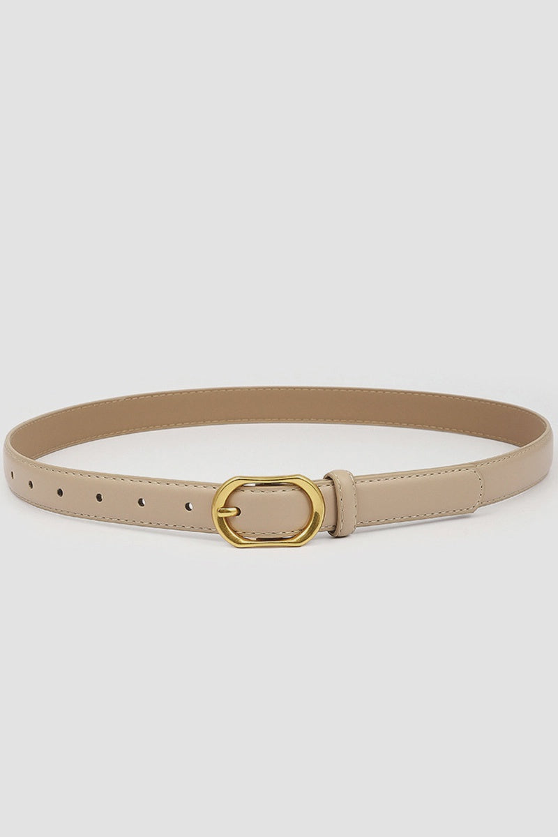 Gold Round Buckle Slim Belt Beige