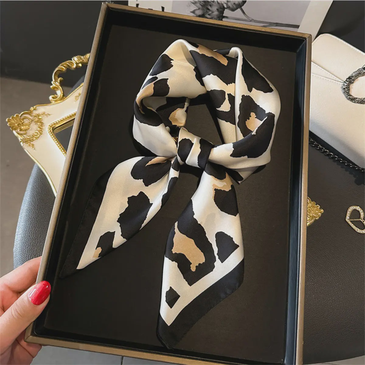 Leopard Print Small Square Scarf White