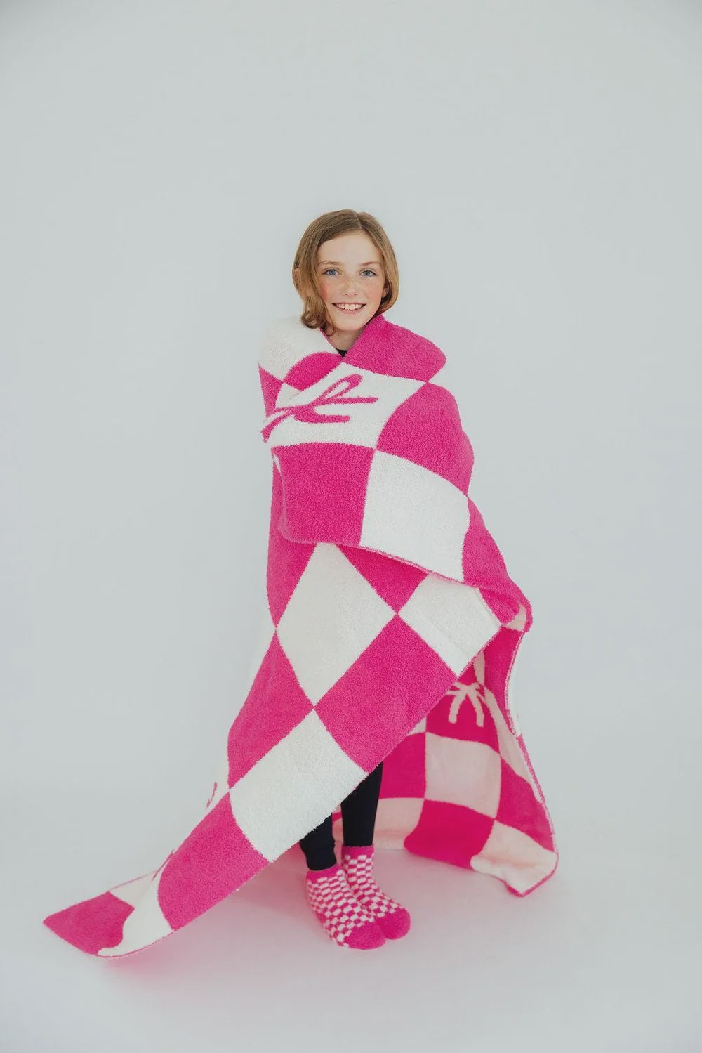 Bow Cozy Blanket Bright Pink Checker