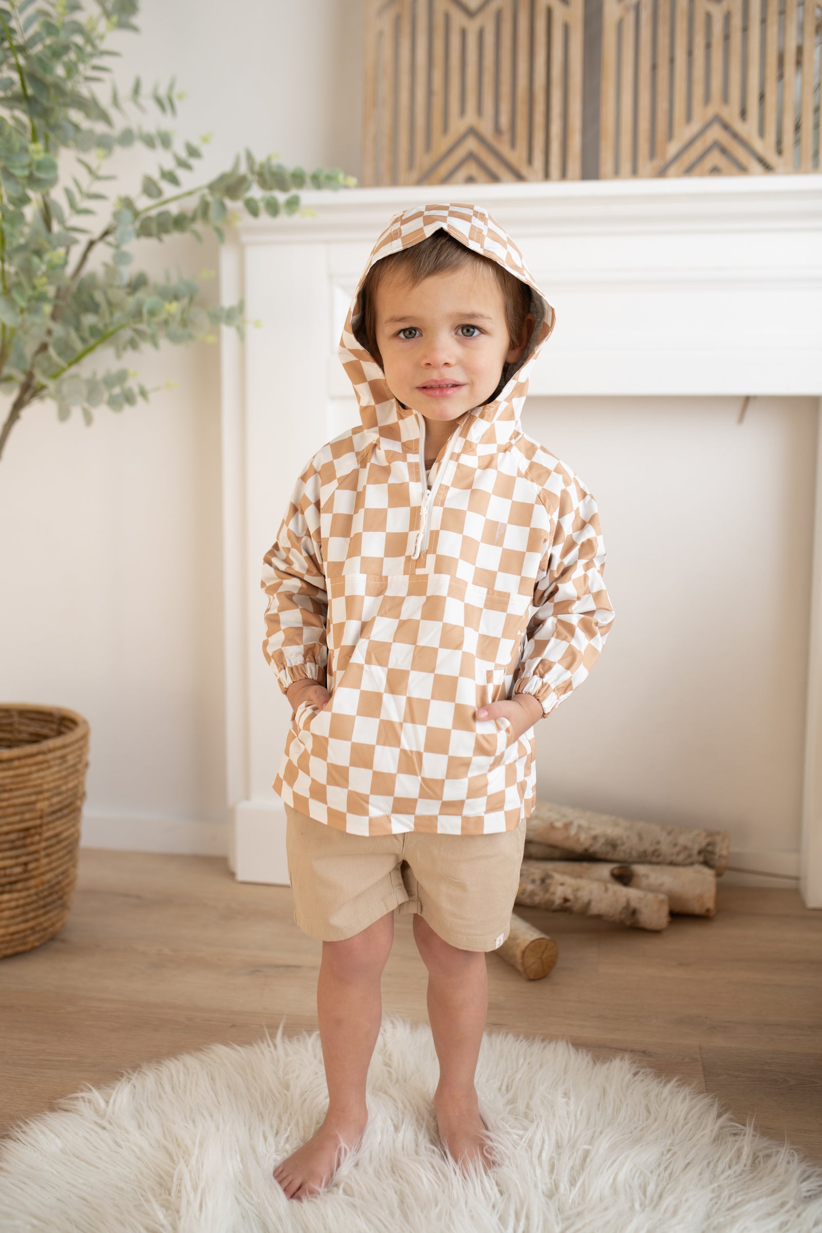 Kid's Tan Checkered Half-Zip Pullover