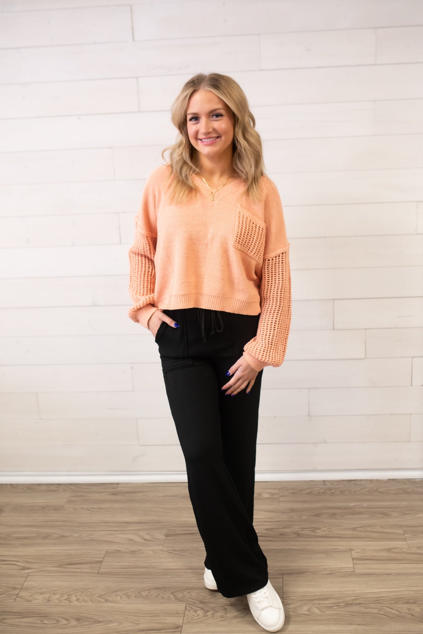 ee:some Open Knit Long Sleeve Sweater-Apricot