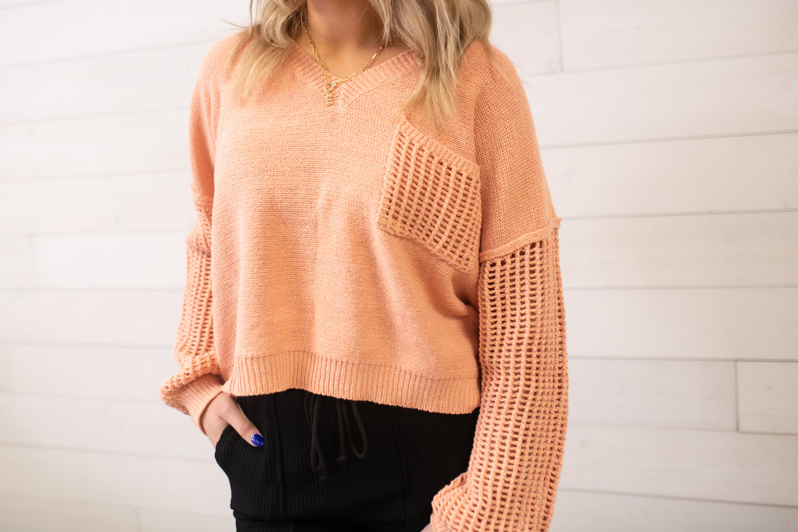 ee:some Open Knit Long Sleeve Sweater-Apricot