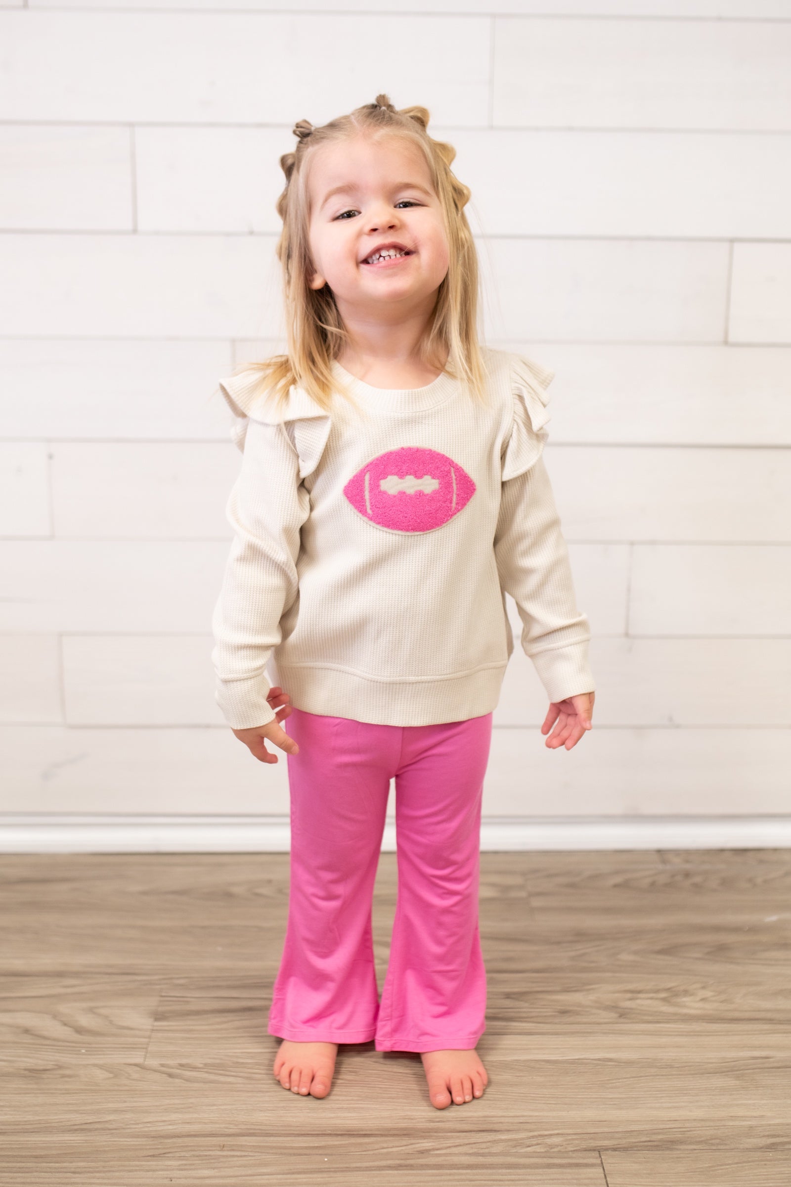 Waffle Ruffle Football Sweatshirt with Pink Bamboo Baby Bells