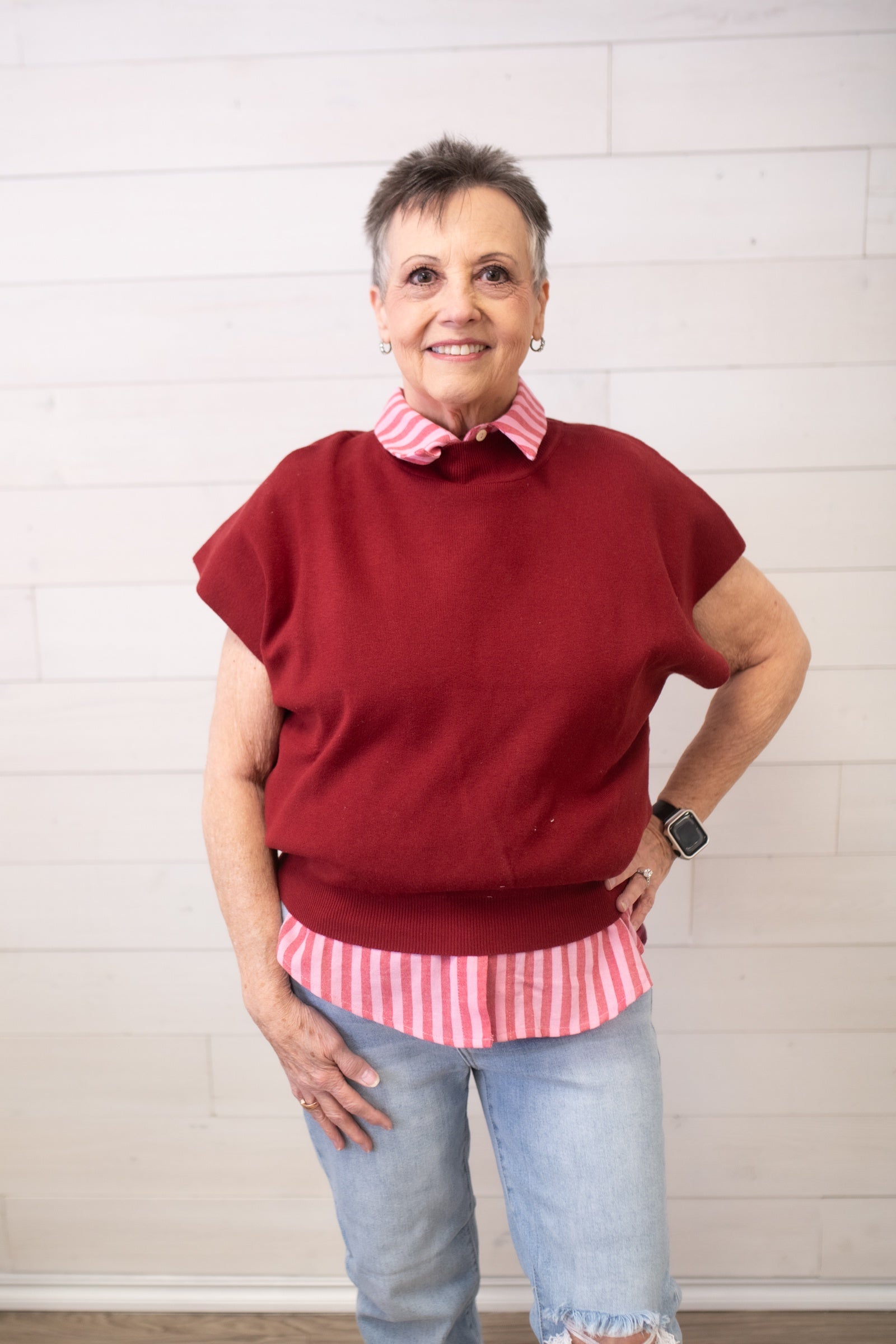 ee:some Mock Neck Short Sleeve Top-Merlot