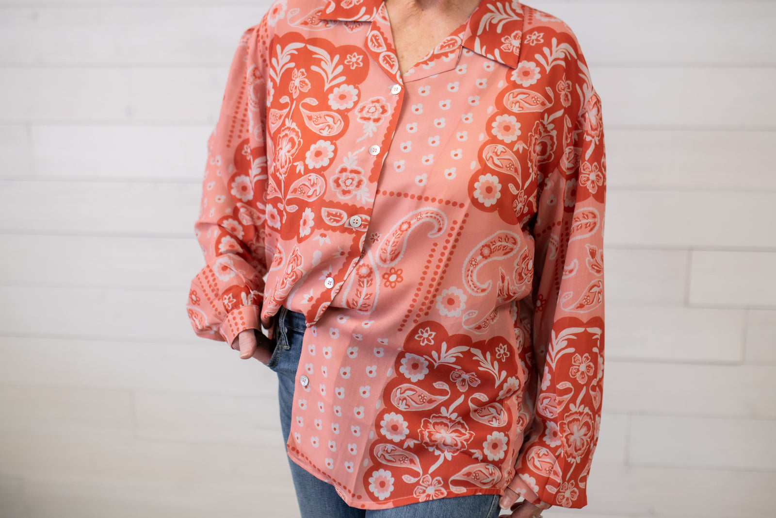 Paisley Mesh Long Sleeve Button Up Top