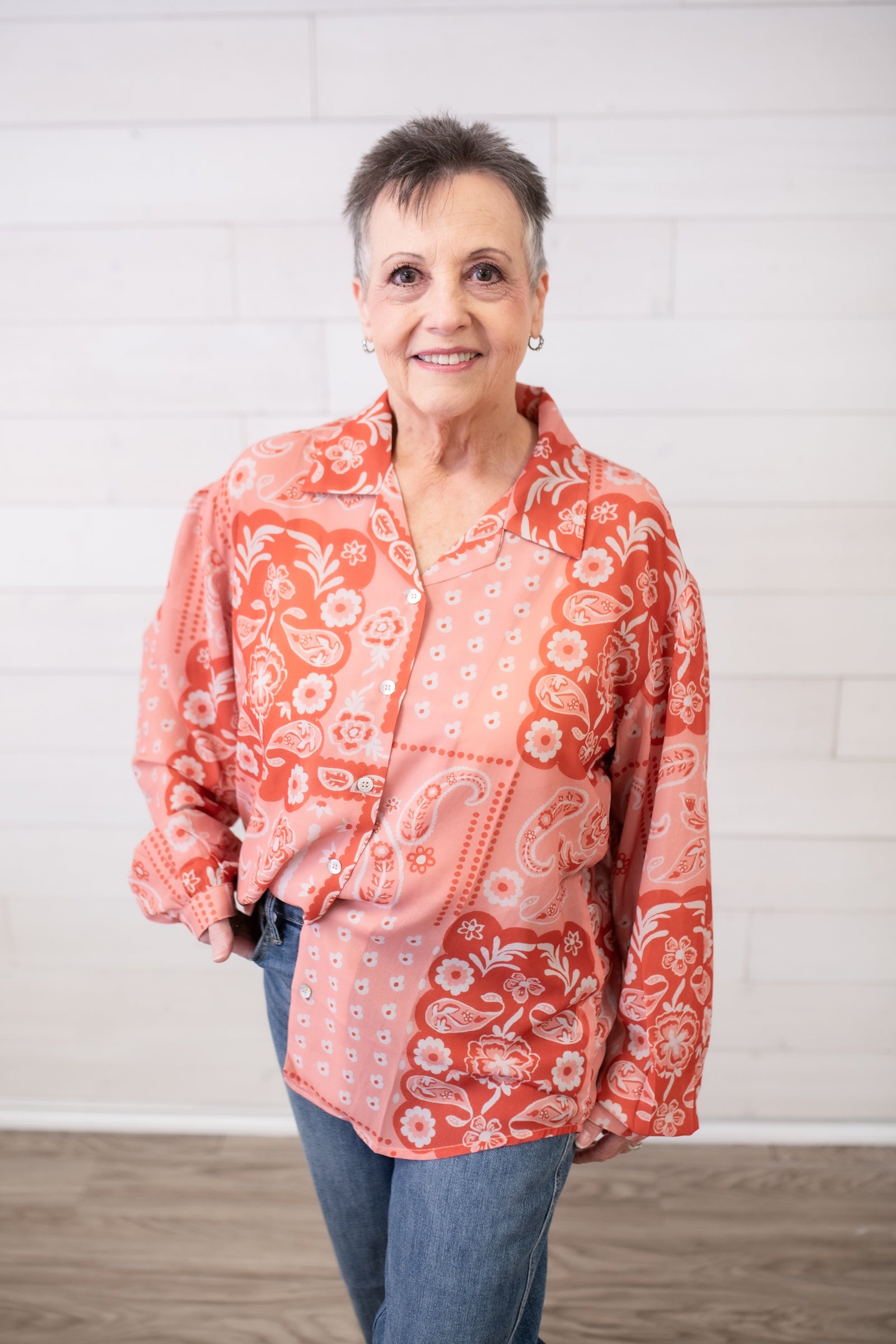 Paisley Mesh Long Sleeve Button Up Top