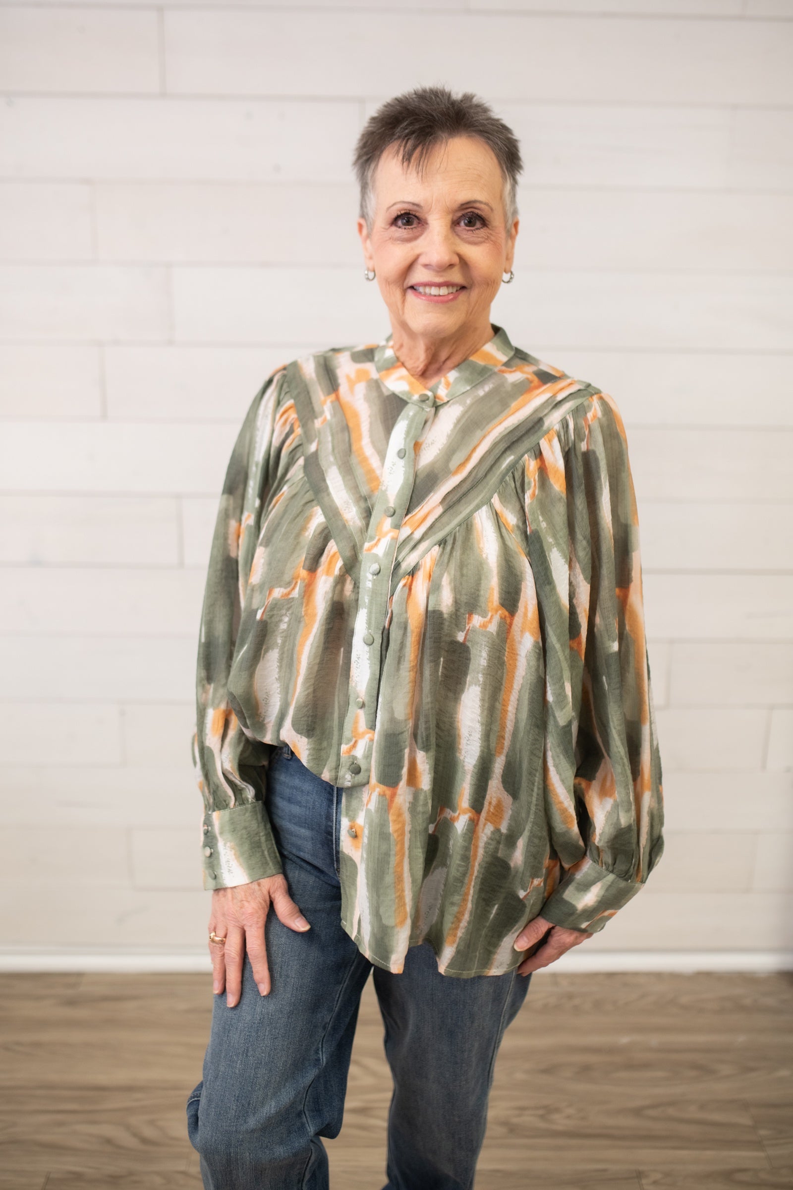 ee:some Printed Bubble Sleeve Top-Green Tea