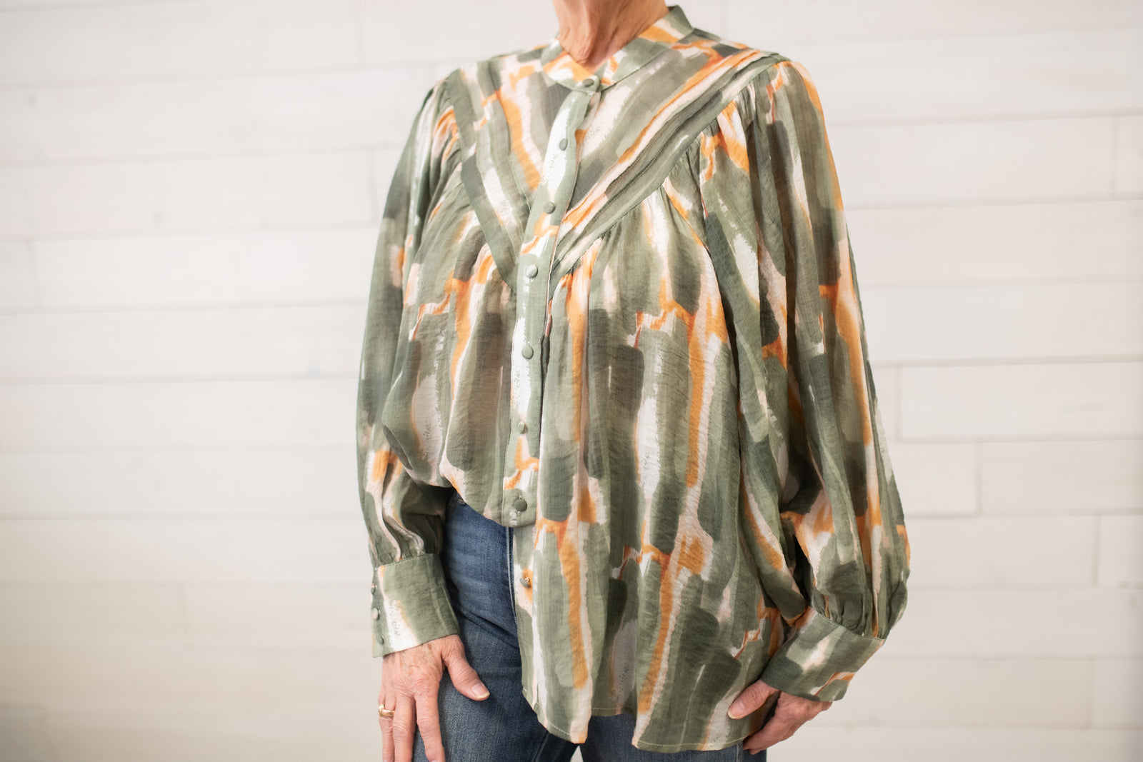 ee:some Printed Bubble Sleeve Top-Green Tea