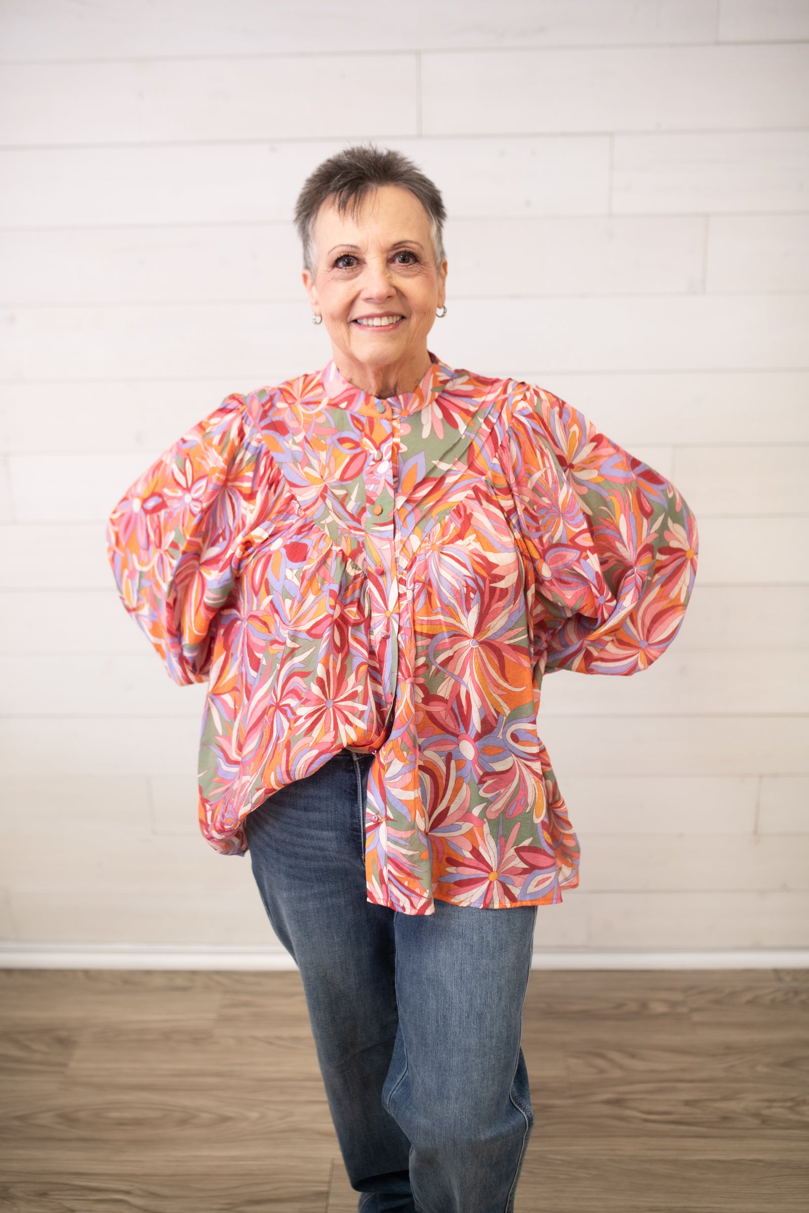 ee:some Floral Print LS Blouse-Rasberry Glaze