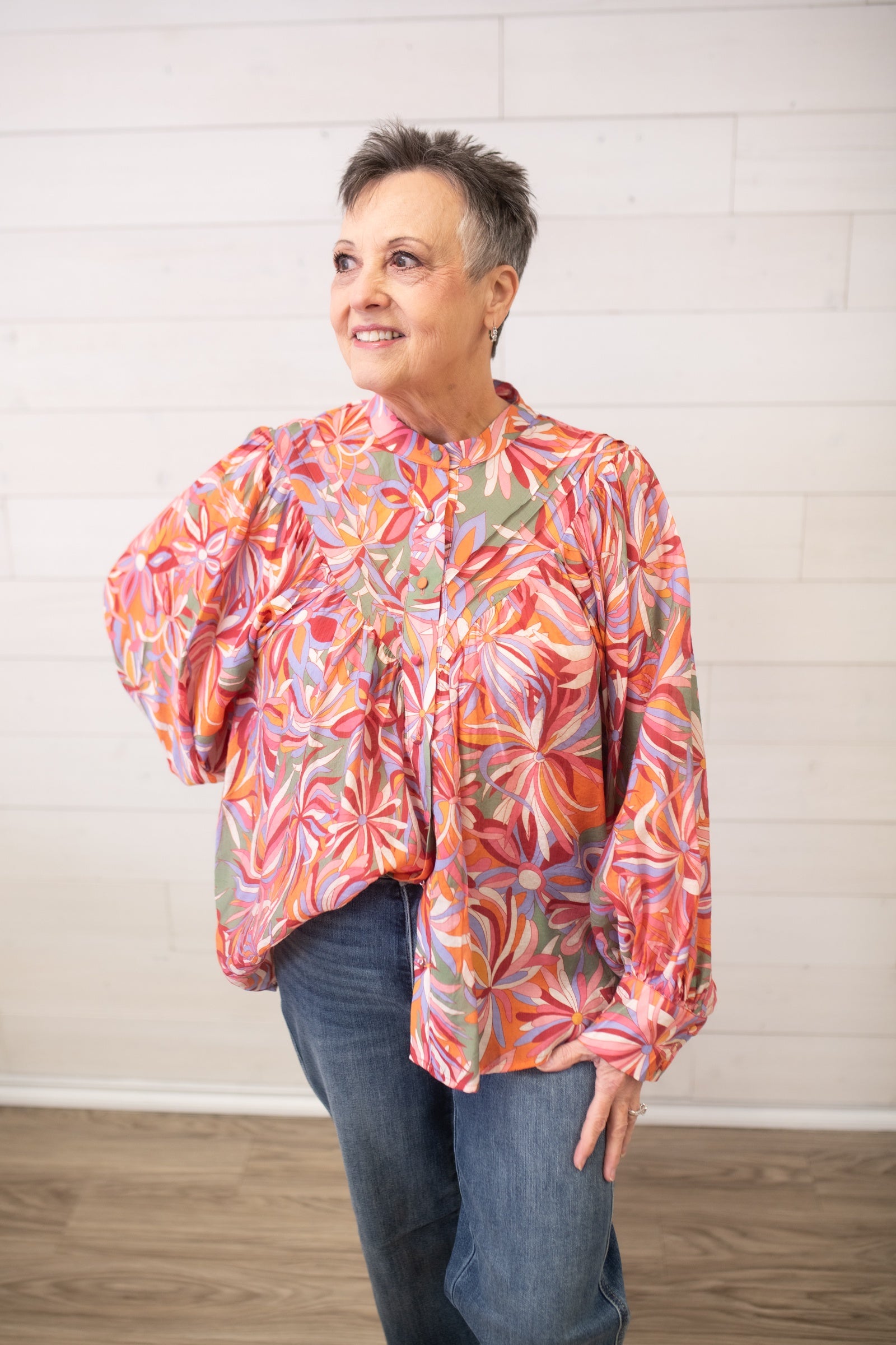 ee:some Floral Print LS Blouse-Rasberry Glaze