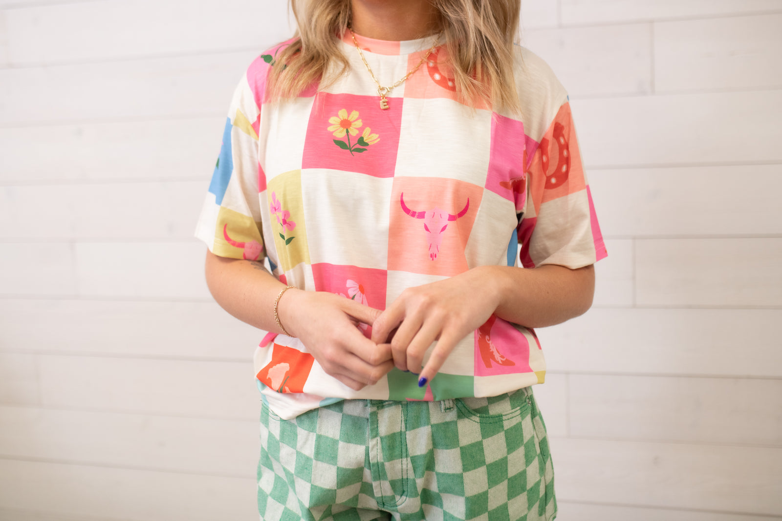 ee:some Mineral Washed Checker Print Shorts-Evergreen