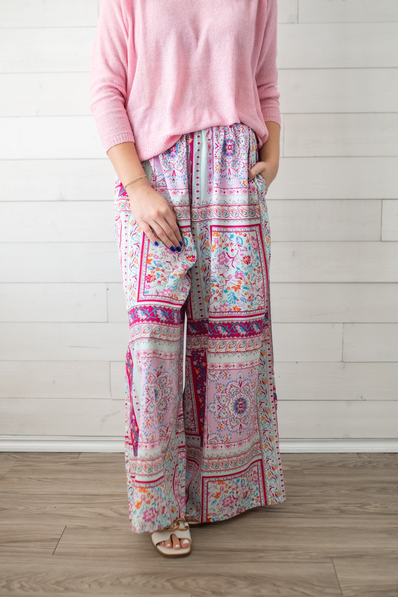 Easel Scarf Printed Wool Long Pants-Peach