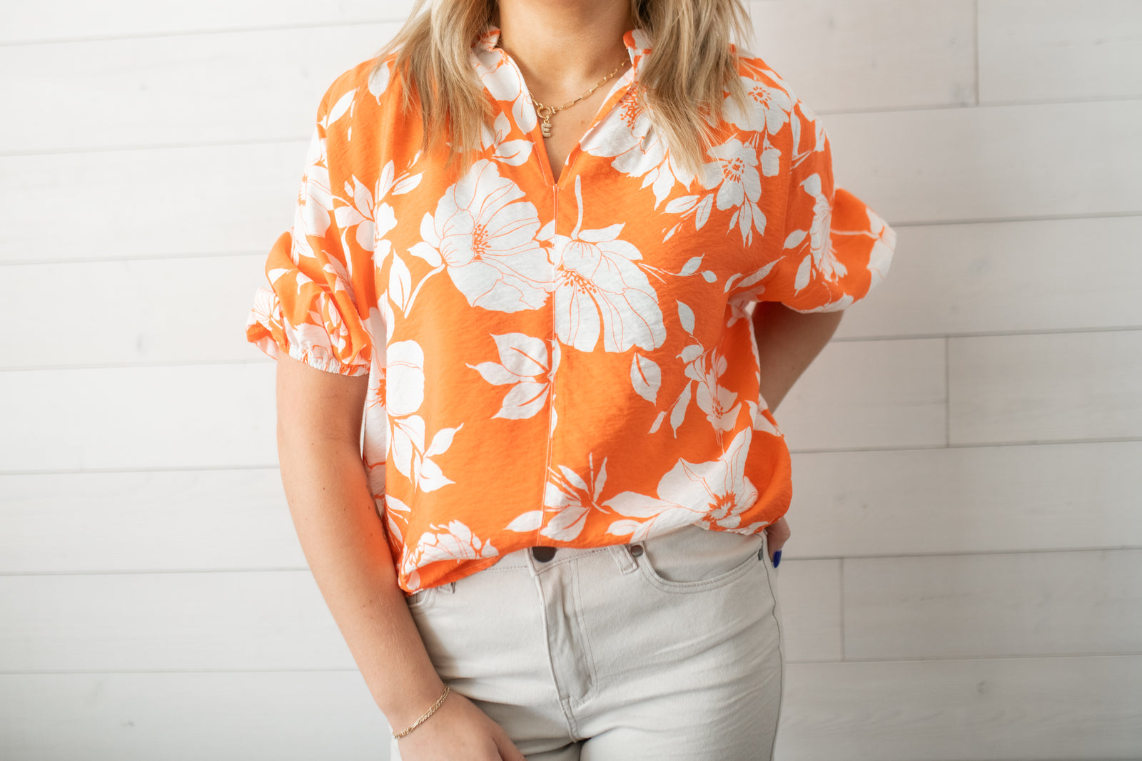Tangerine 3/4 Sleeve Floral Blouse