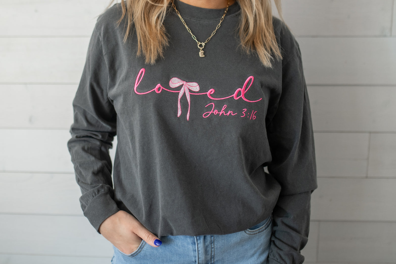 Loved John 3:16 LS Embroidered Graphic Tee- Grey