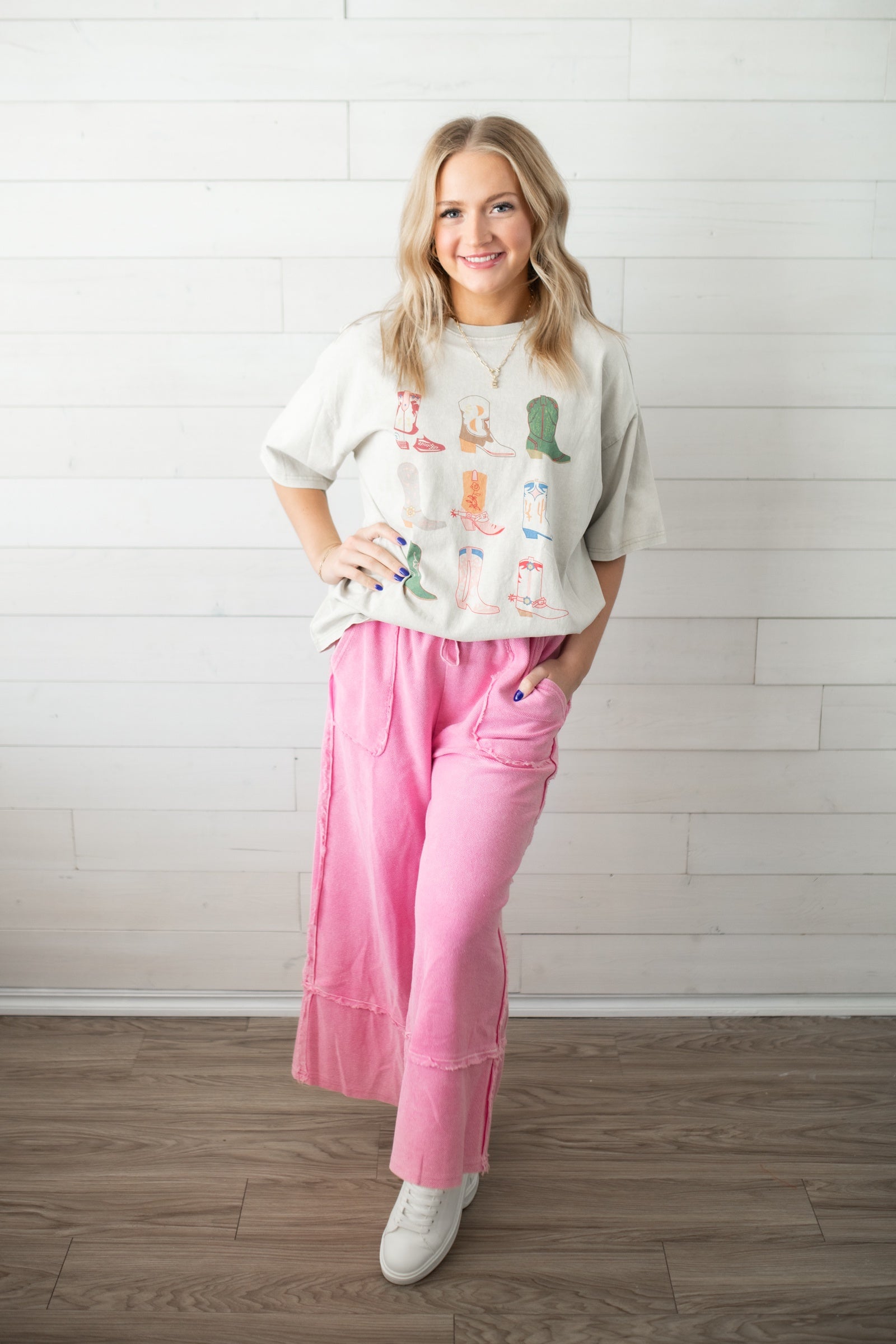 Easel Mineral Wash Terry Wide Leg-Hot Pink