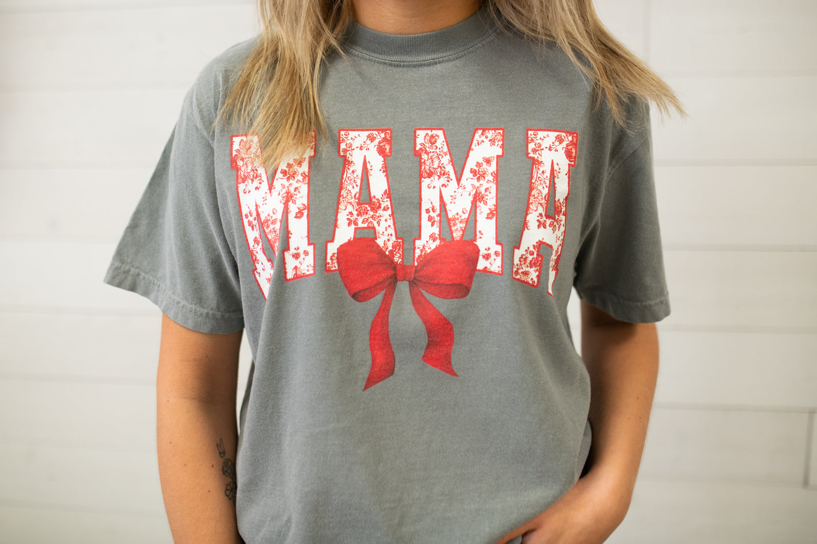 Mama Red Floral Bow Graphic Tee-Grey