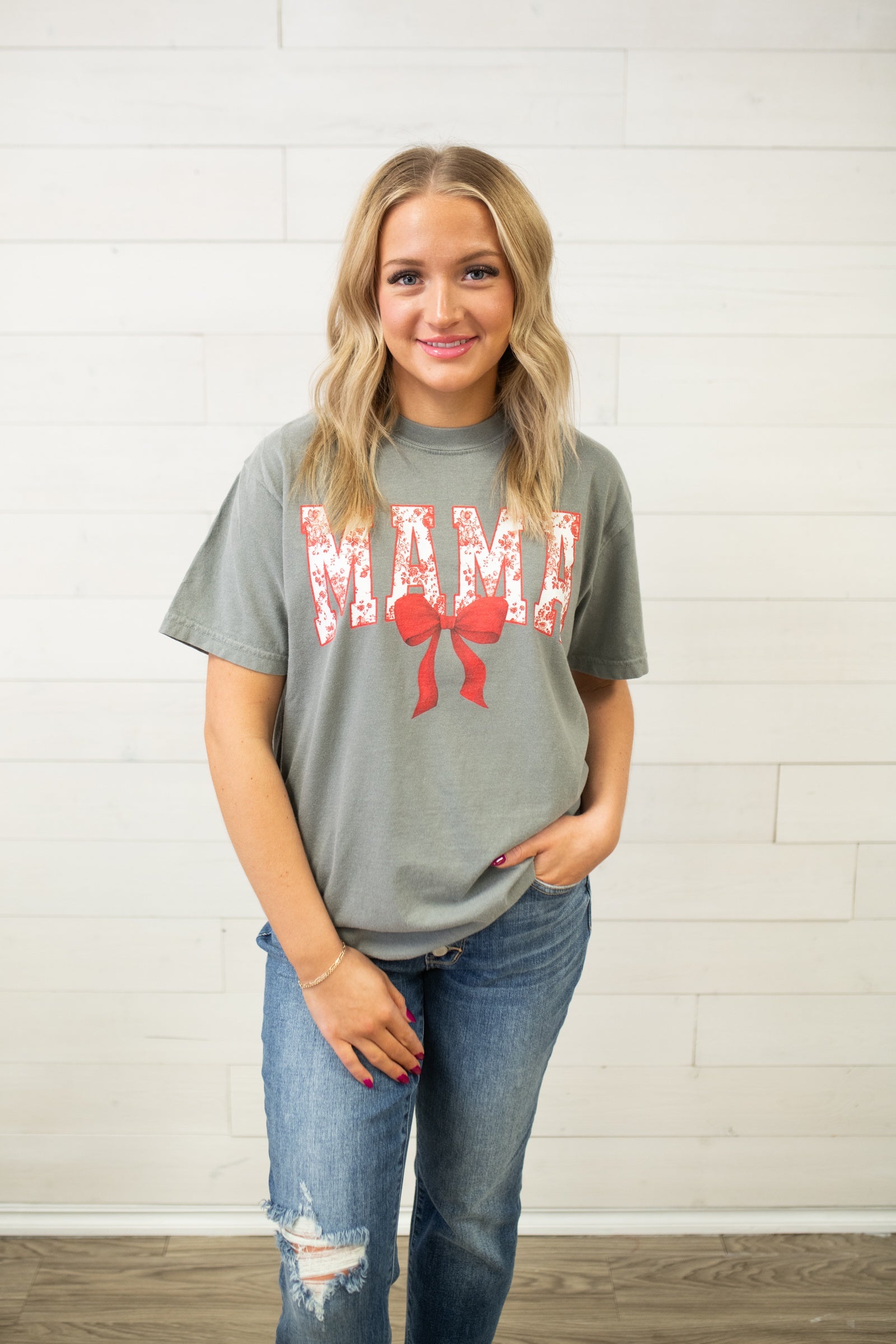 Mama Red Floral Bow Graphic Tee-Grey