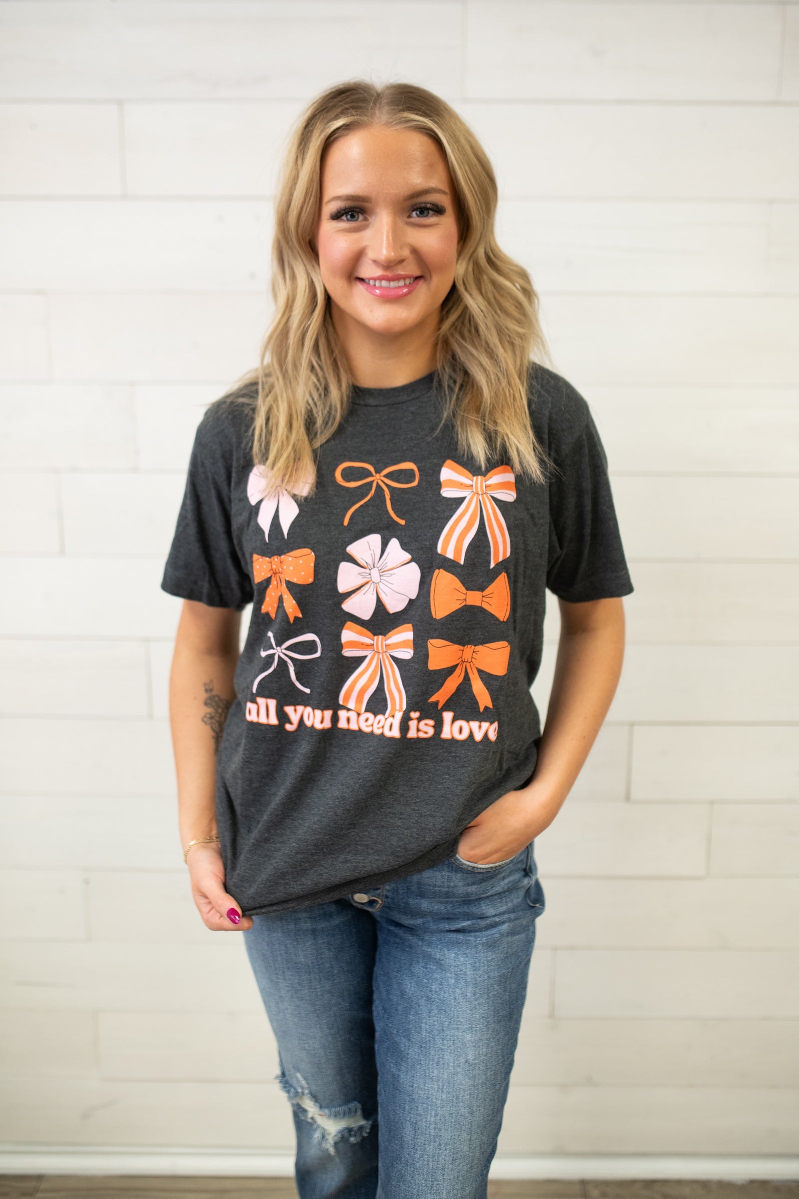 All You Need Is Love Bow Graphic Tee-Grey