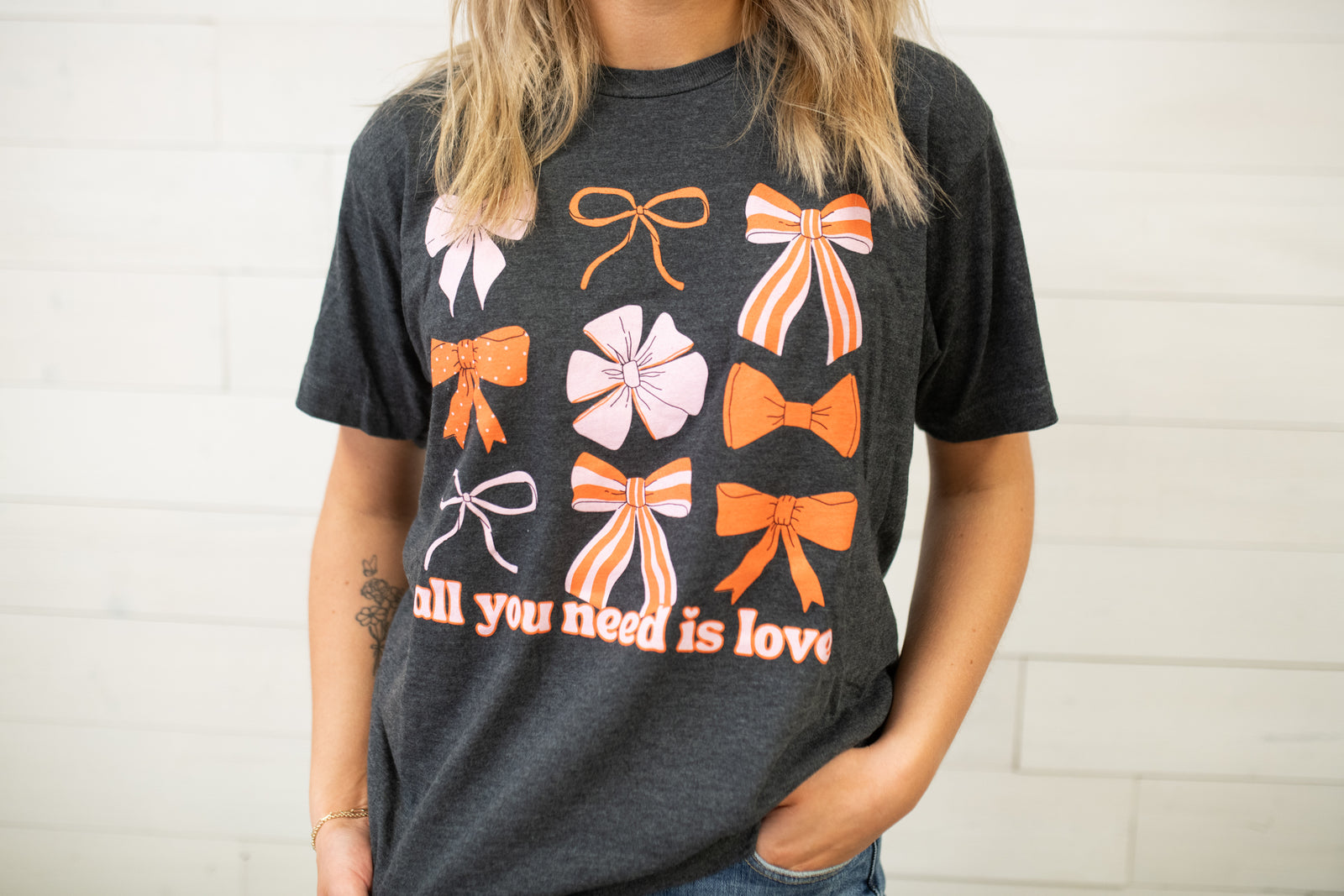 All You Need Is Love Bow Graphic Tee-Grey