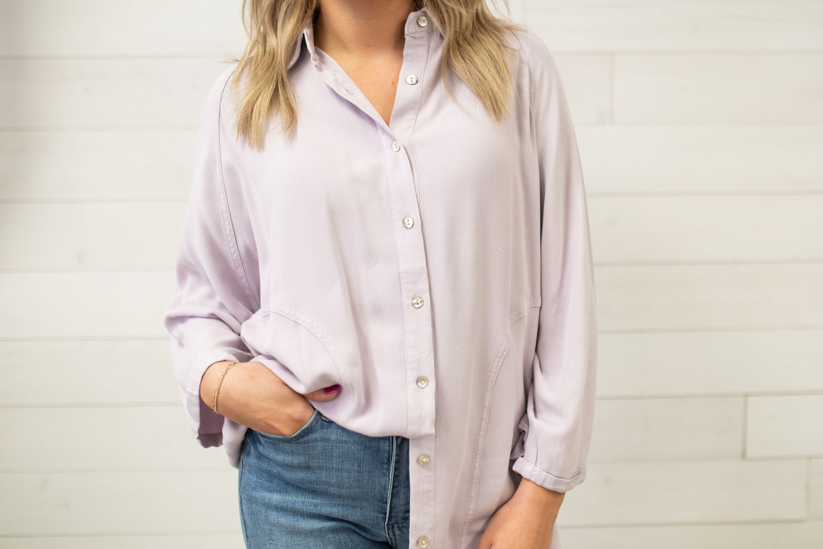 Easel Dolman Mineral Challis Button Down Shirt-Lavender