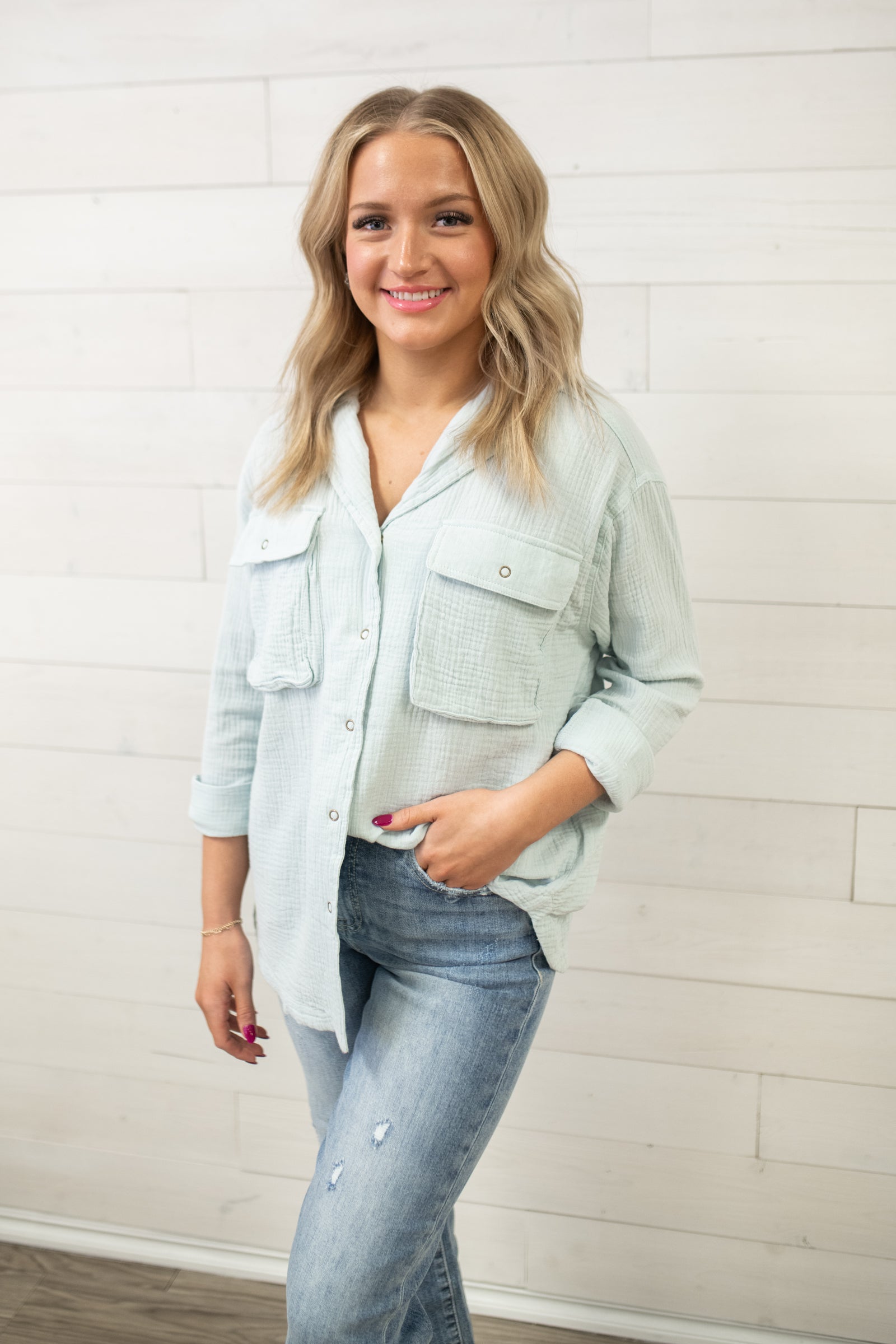 Long Sleeve Gauze Button Down-Powder Blue