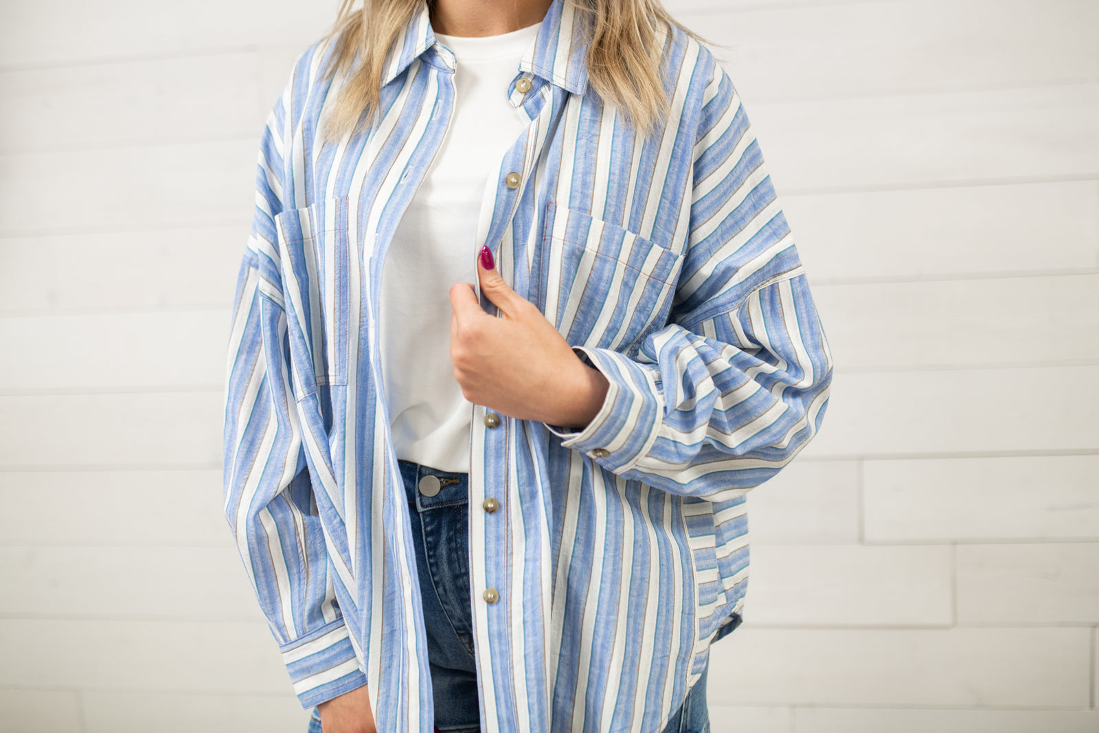 ee:some Striped Dolman Sleeve Oversized Shirt-Blue