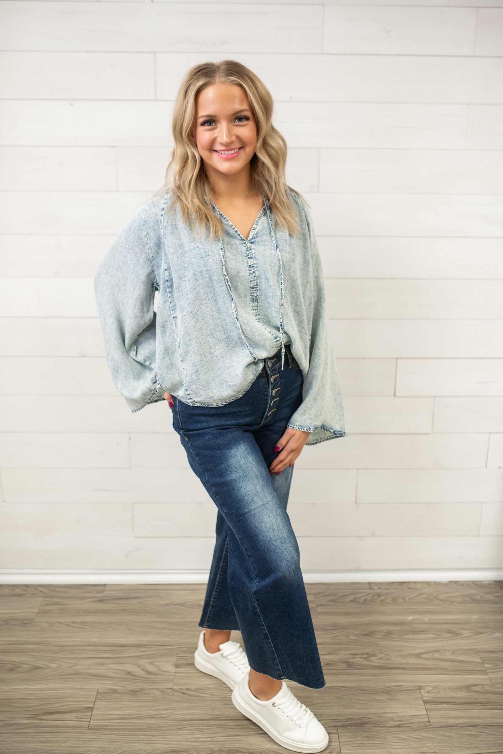 ee:some Mineral Washed Bell Sleeve Denim Top