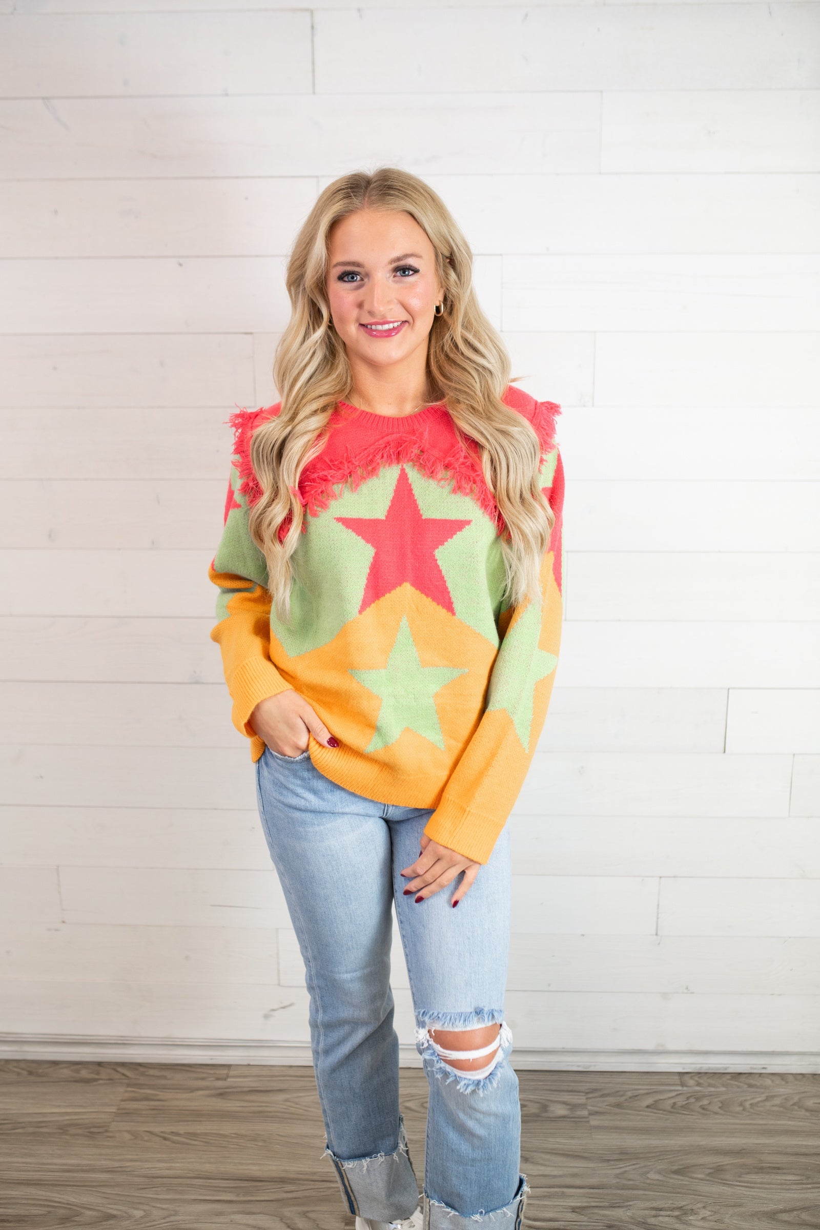 J.nna Multi Colored LS Sweater-Green & Orange