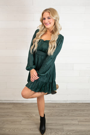 Square Neck LS Midi Dress-Hunter Green