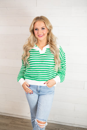 J.nna Stripe Collar LS Knit Sweater-Green & White