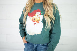 Vintage Red Santa LS Green Graphic Tee