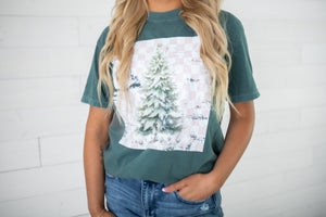 Pink Distressed Christmas Tree Graphic Tee-Green