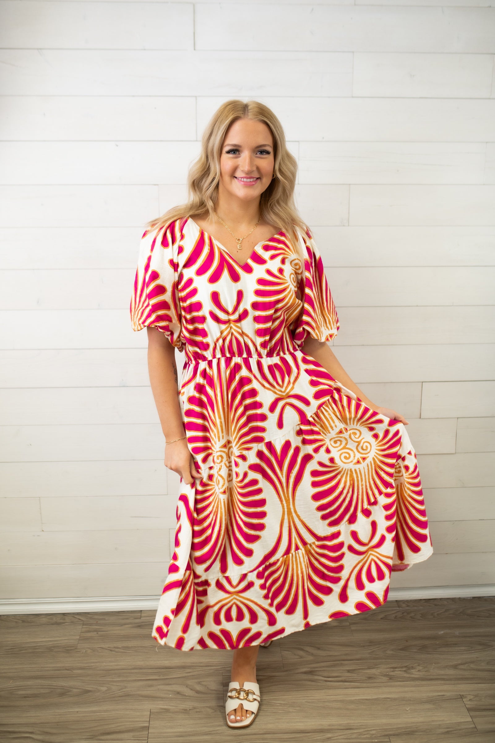 Umgee Feather Abstract Print Midi Dress-Magenta