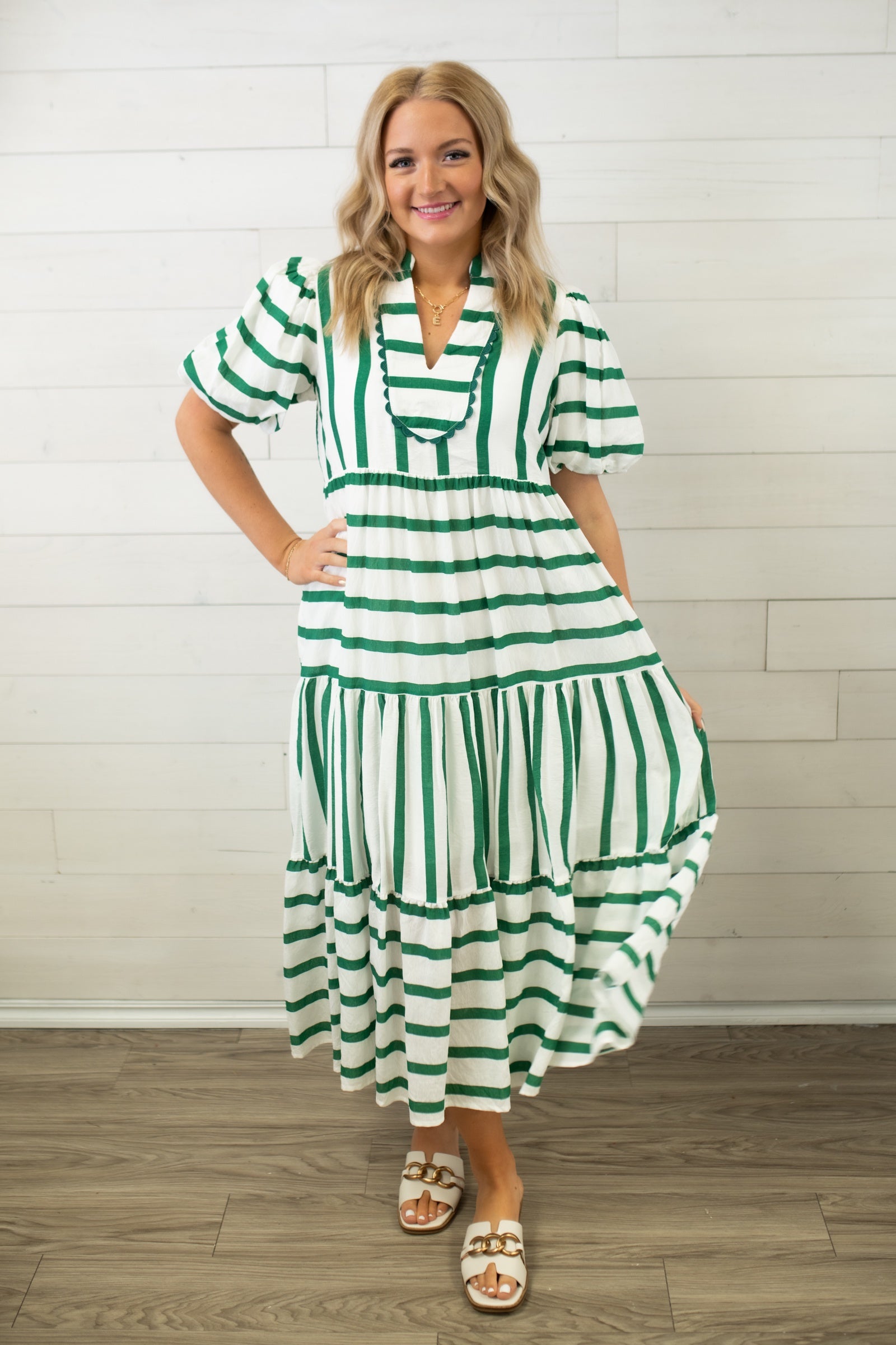 Entro Flowy V-Neck SS Long Dress with Green Stripes