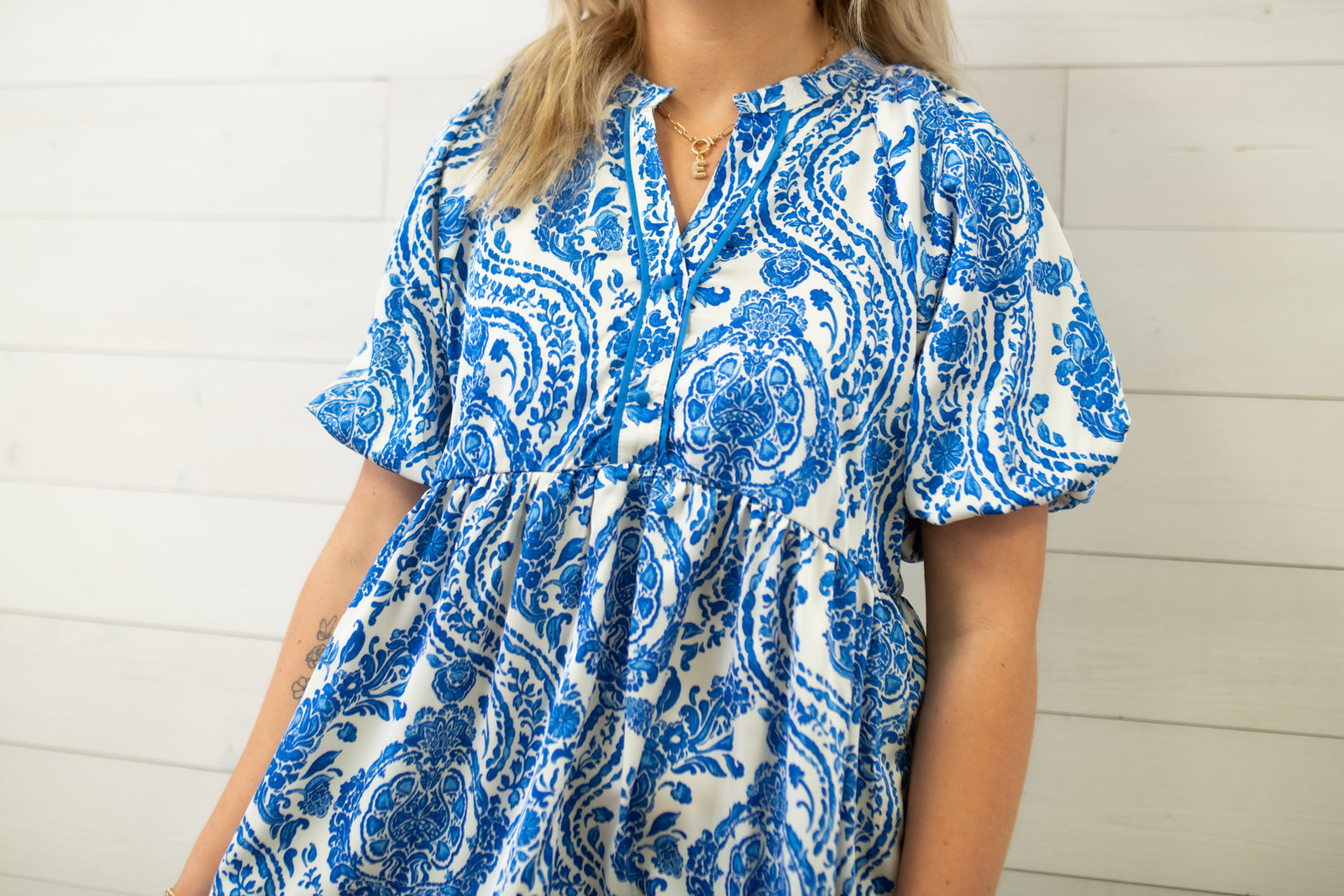 Umgee Paisley Split Neck Button Dress-Sapphire