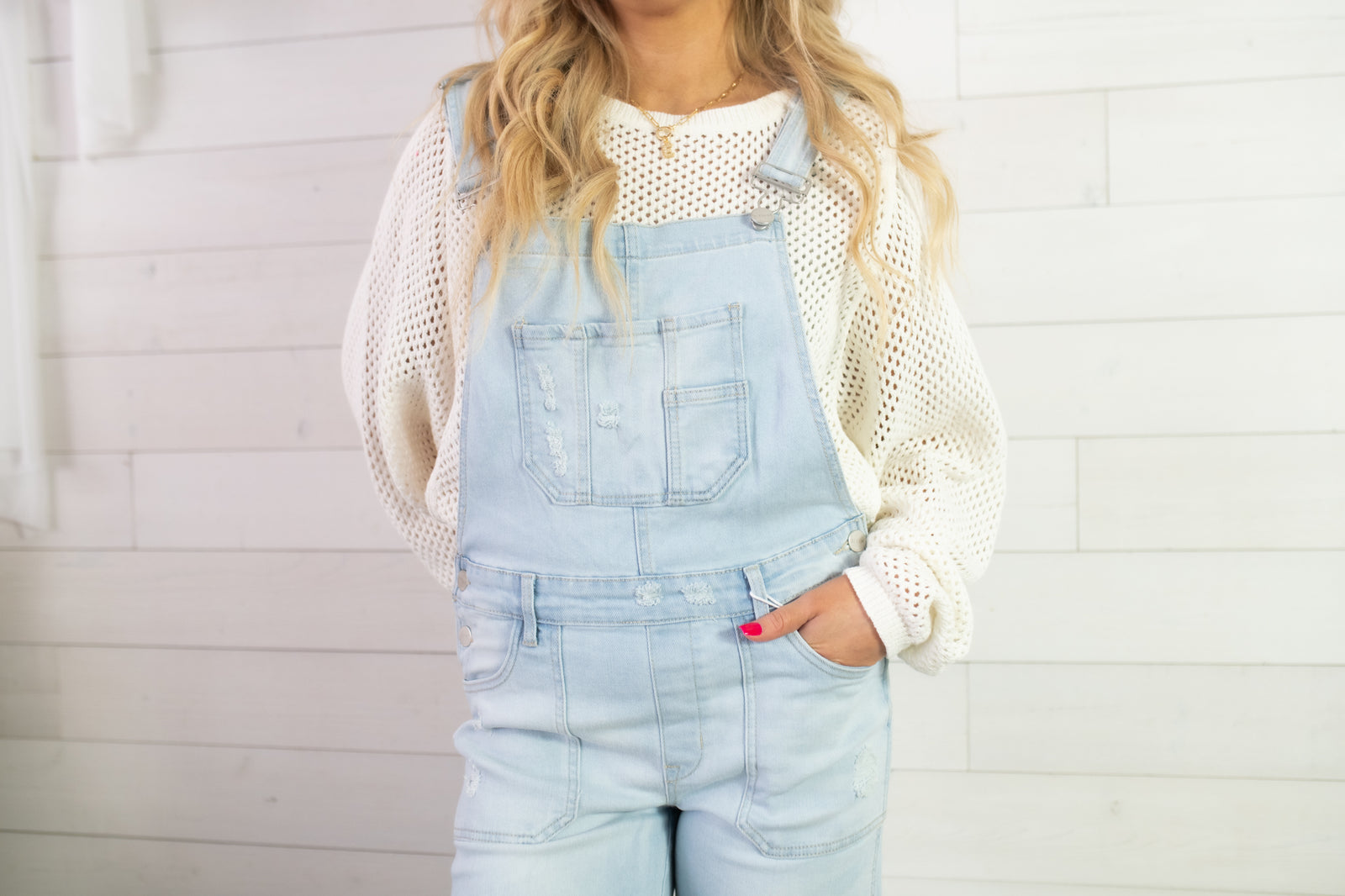 Ginny Front Patch Pocket Wide Leg Overalls-Light Denim